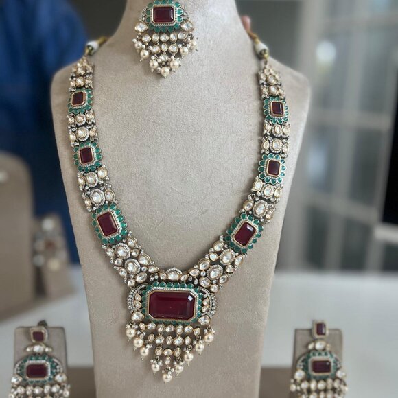 Victorian Polish Doublet Stone Necklace Set | Ruby Red Kundan Polki Jewelry - Picture 2 of 4